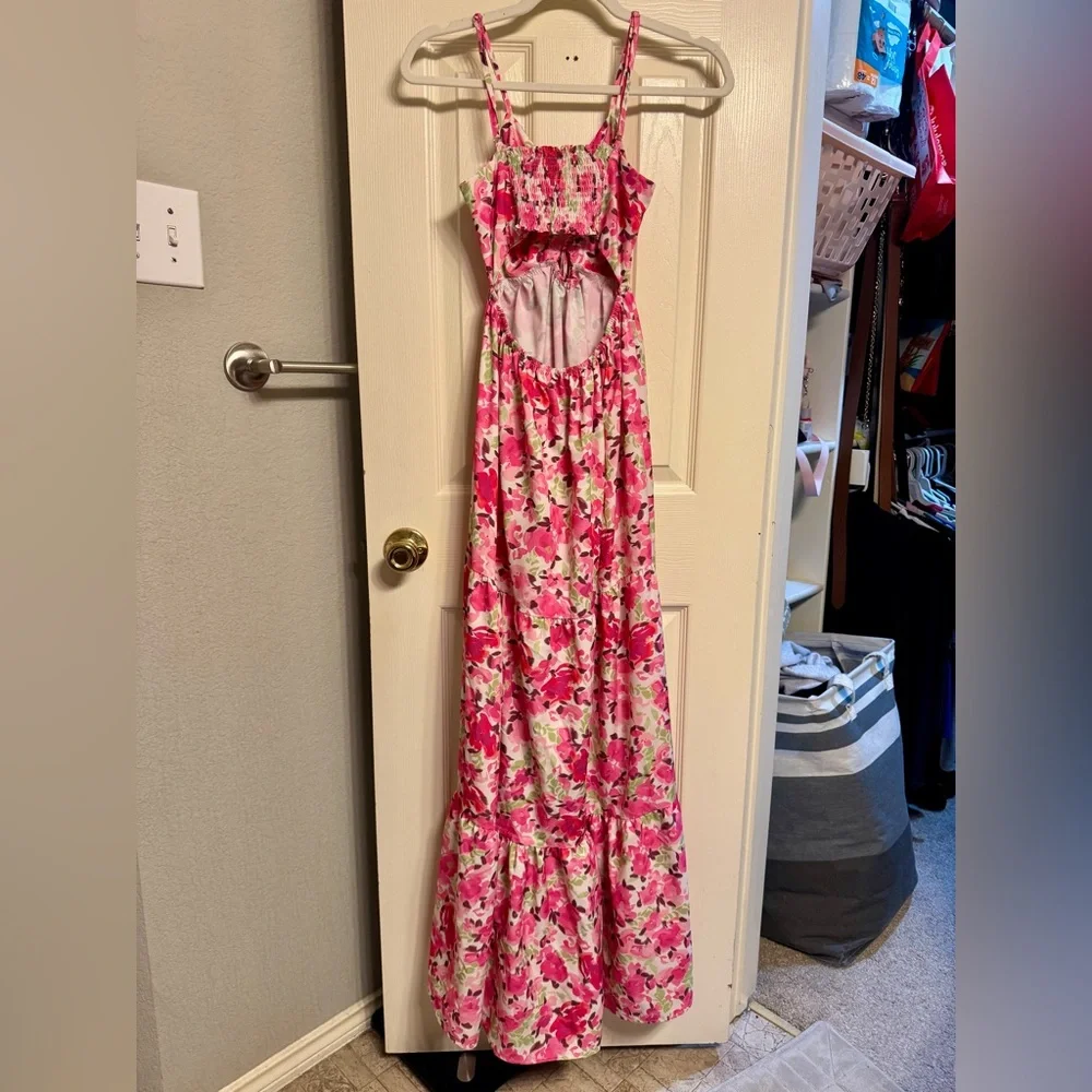 Vibrant Floral Maxi Dress w/ Cross Up Tie Front - Picture 3 of 4